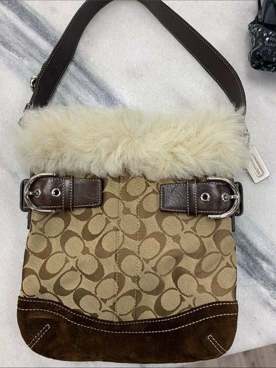 Coach Handbags - Coach Tan & Brown Signature Jacquard Fur-Trim Shoulder Bag
